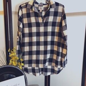 G.H. BASS & CO Women's Houndstooth Navy Blue Grey White V Neck Tunic Size S NWOT